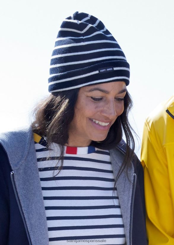 Saint James Cartier bleu marine/ivoire unisexe bonnet en laine mélangée à rayures nautiques ZZ48R270