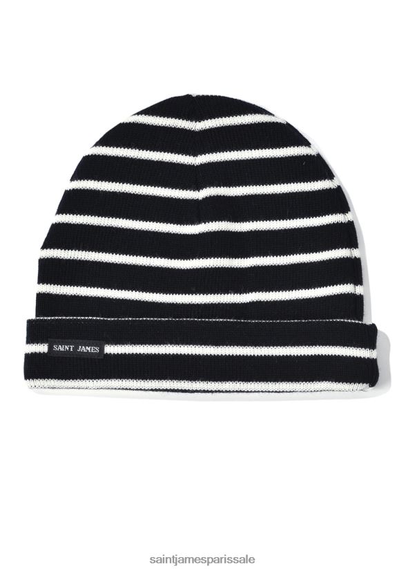 Saint James Cartier bleu marine/ivoire unisexe bonnet en laine mélangée à rayures nautiques ZZ48R270