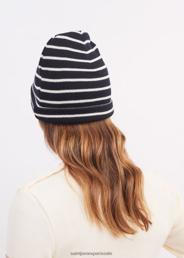 Saint James Cartier bleu marine/ivoire unisexe bonnet en laine mélangée à rayures nautiques ZZ48R270