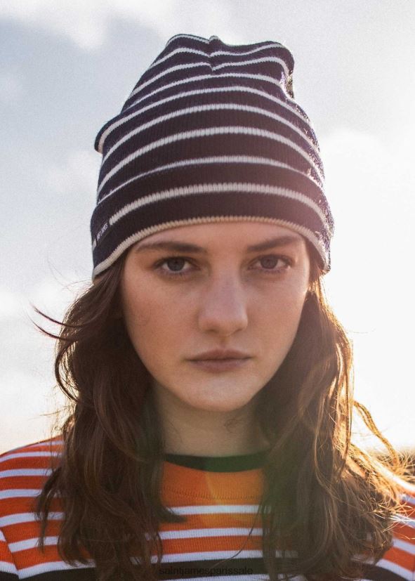 Saint James Cartier bleu marine/ivoire unisexe bonnet en laine mélangée à rayures nautiques ZZ48R270