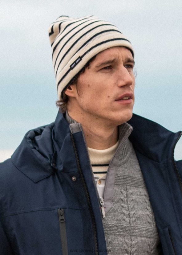 Saint James Cartier ivoire/marine unisexe bonnet en laine mélangée à rayures nautiques ZZ48R287