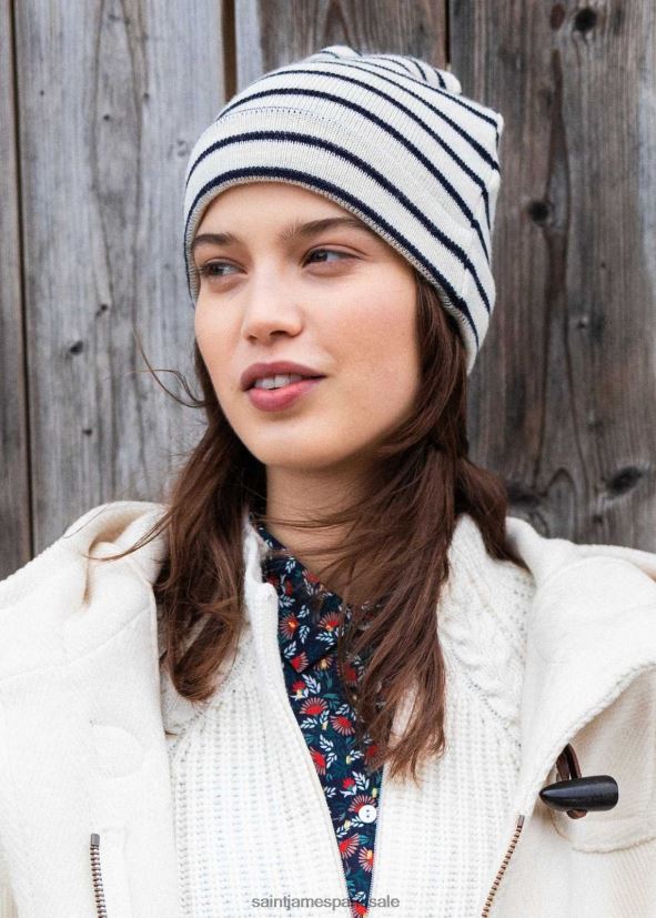 Saint James Cartier ivoire/marine unisexe bonnet en laine mélangée à rayures nautiques ZZ48R287