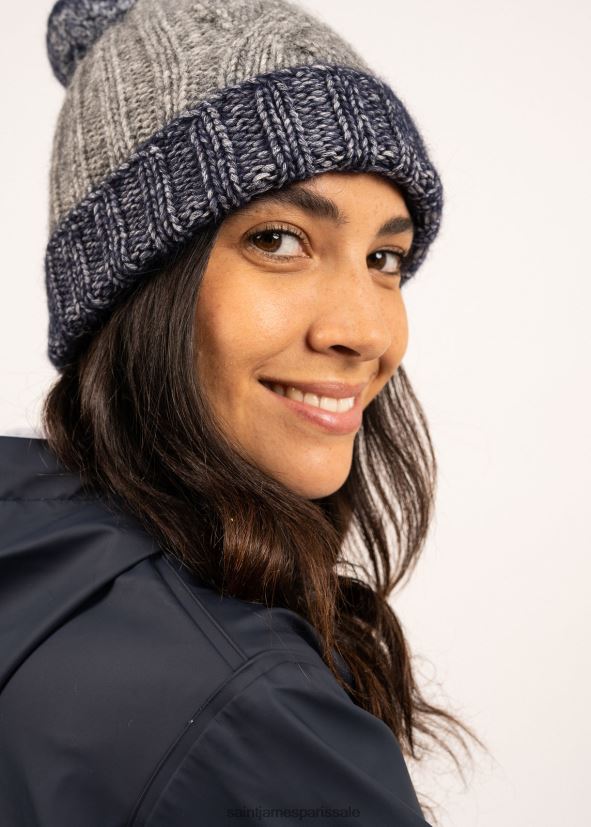 Saint James omoa gris/bleu encre unisexe bonnet color block en tricot structuré avec pompon ZZ48R2126