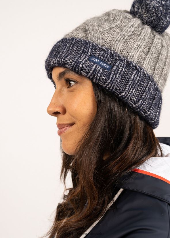 Saint James omoa gris/bleu encre unisexe bonnet color block en tricot structuré avec pompon ZZ48R2126