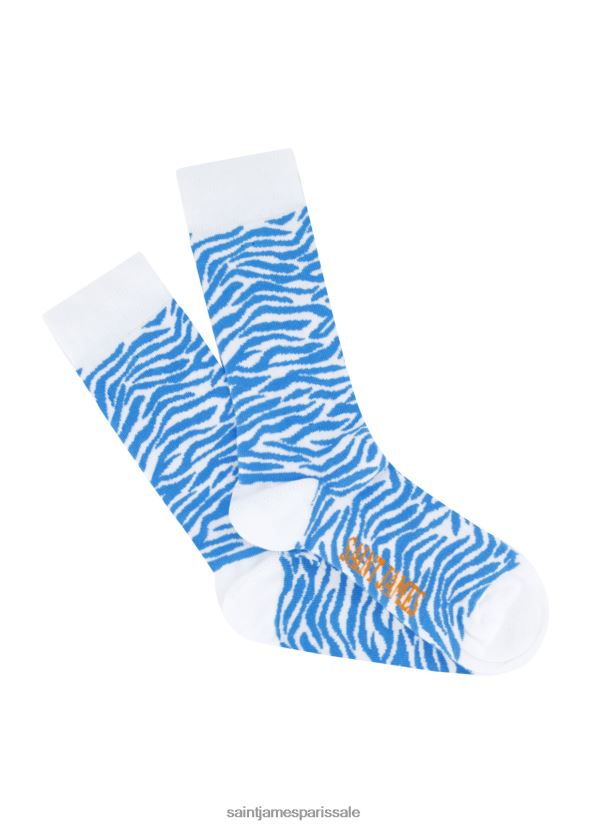 Saint James pieds zèbre blanc/bleu clair unisexe chaussettes brodées ZZ48R2132