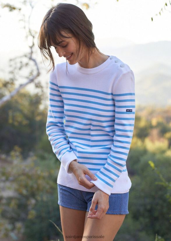 Saint James Avignon blanc/bleu clair unisexe pull rayé avec épaule boutonnée en coton biologique ZZ48R2112