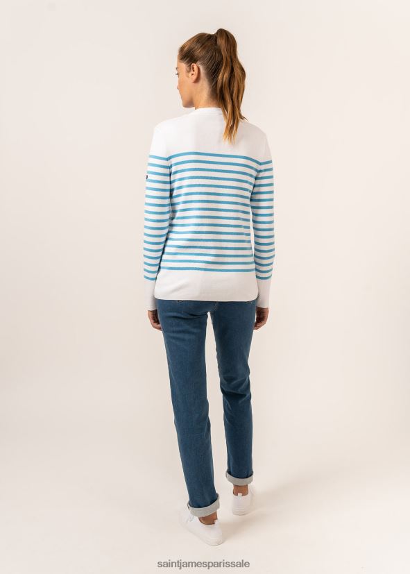 Saint James Avignon blanc/bleu clair unisexe pull rayé avec épaule boutonnée en coton biologique ZZ48R2112