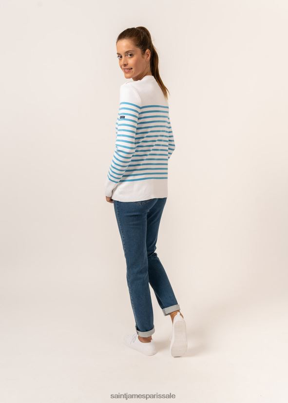 Saint James Avignon blanc/bleu clair unisexe pull rayé avec épaule boutonnée en coton biologique ZZ48R2112