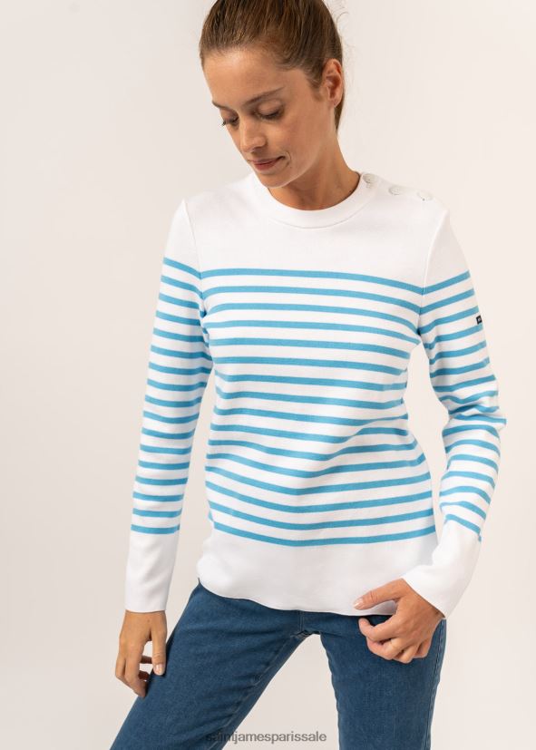 Saint James Avignon blanc/bleu clair unisexe pull rayé avec épaule boutonnée en coton biologique ZZ48R2112