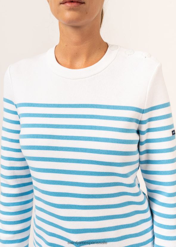 Saint James Avignon blanc/bleu clair unisexe pull rayé avec épaule boutonnée en coton biologique ZZ48R2112