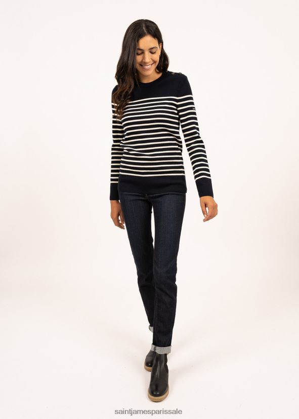 Saint James Brégançon bleu marine/ivoire femmes pull marinière avec coudière en jacquard ZZ48R229