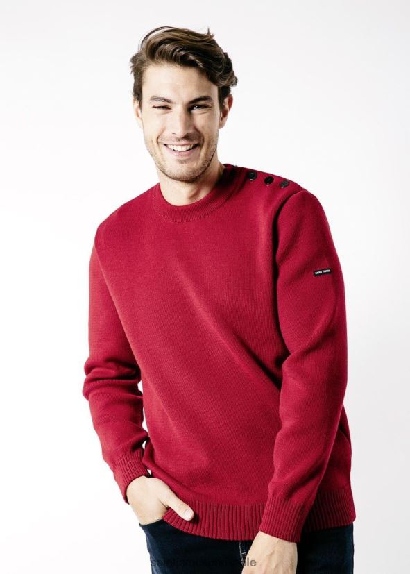 Saint James Cancale rouge unisexe pull de pêcheur en laine avec épaule boutonnée coupe ample ZZ48R2165
