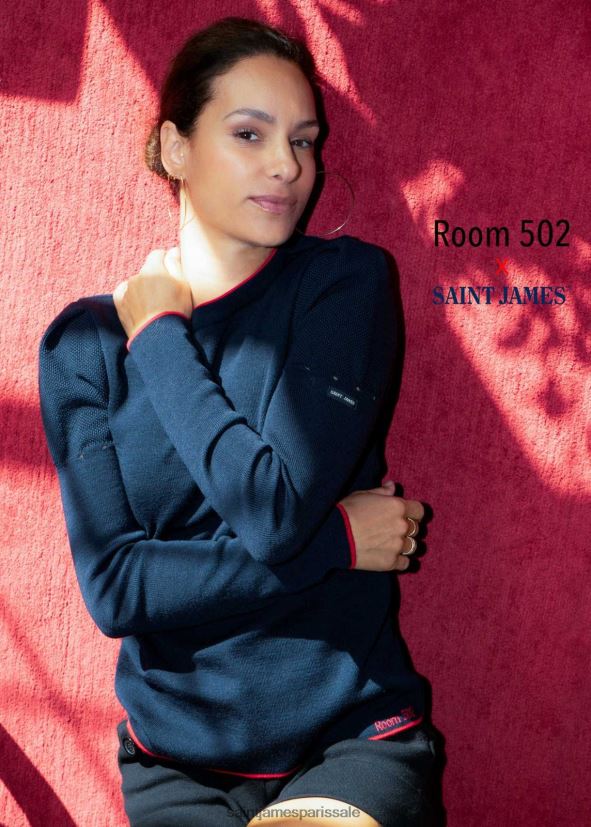 Saint James Cap-Ferret bleu marine/rouge unisexe pull mérinos à manches bouffantes par room 502 ZZ48R220