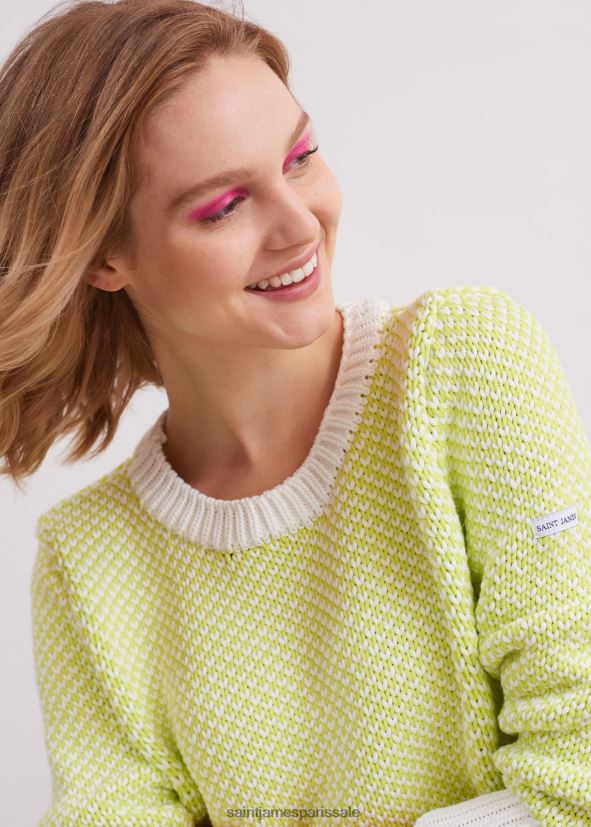 Saint James Talmont blanc/citron vert unisexe gros pull en coton ZZ48R248