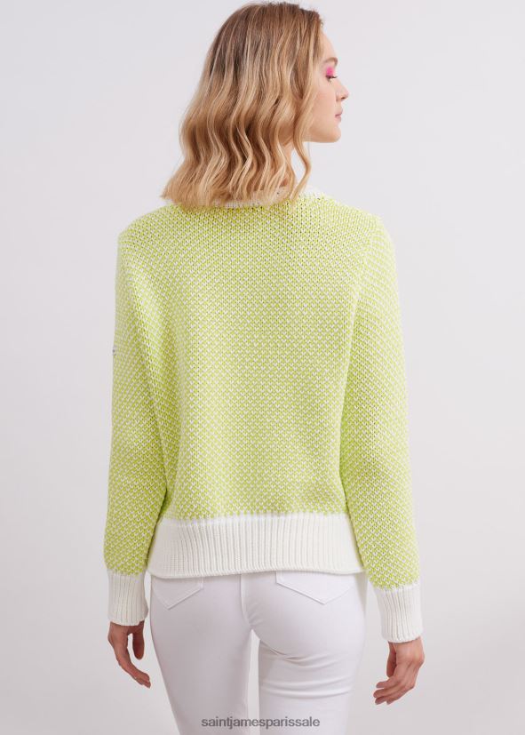 Saint James Talmont blanc/citron vert unisexe gros pull en coton ZZ48R248
