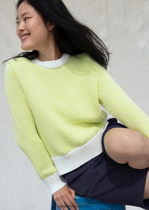 Saint James Talmont blanc/citron vert unisexe gros pull en coton ZZ48R248