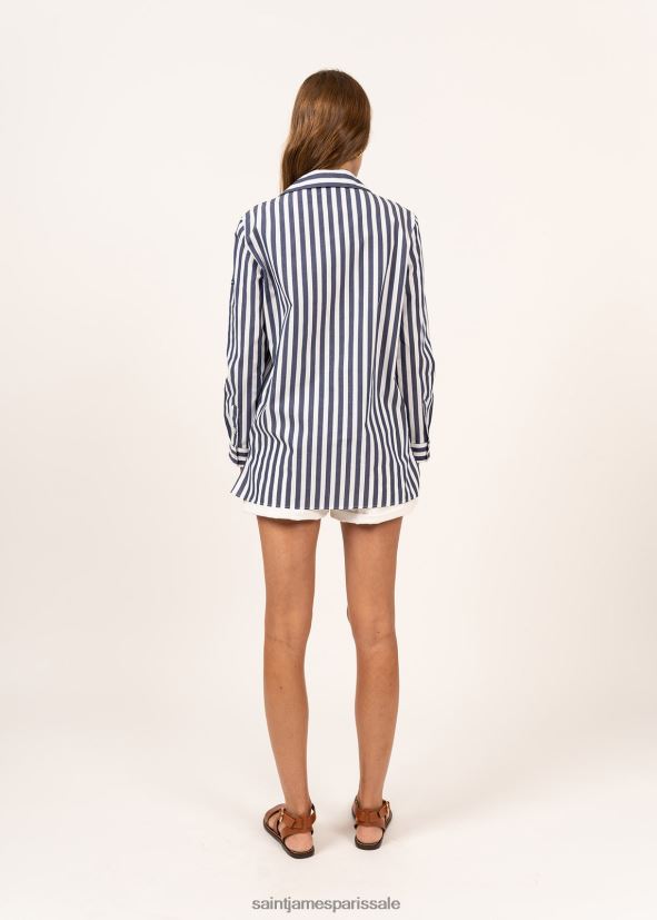 Saint James Emy blanc/bleu roi unisexe chemisier rayé à manches longues ZZ48R214