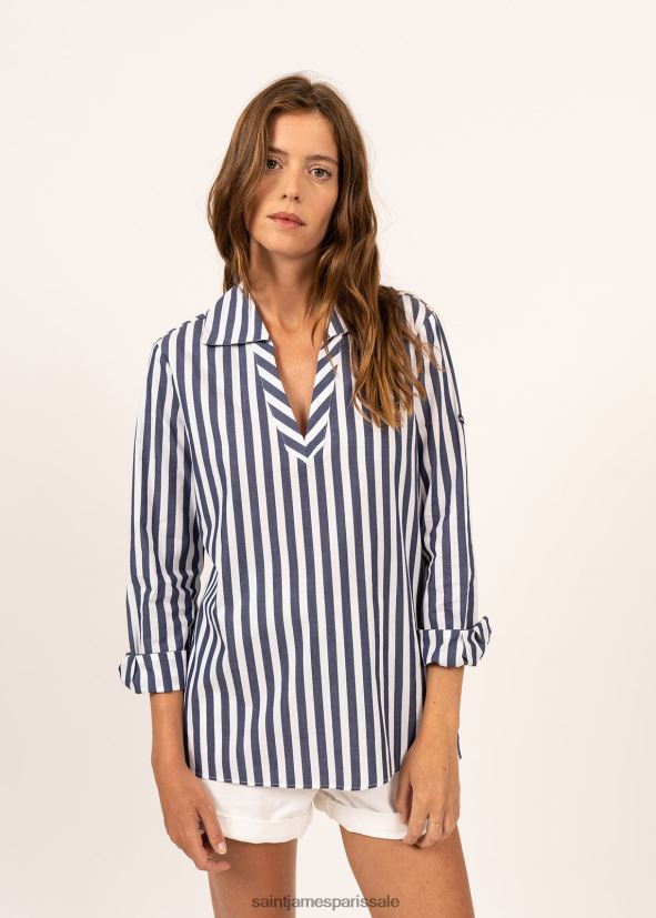 Saint James Emy blanc/bleu roi unisexe chemisier rayé à manches longues ZZ48R214
