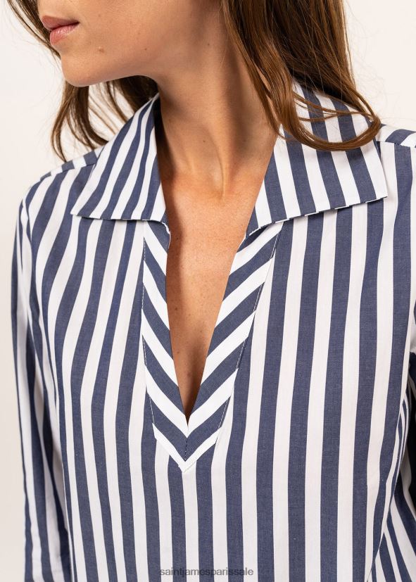 Saint James Emy blanc/bleu roi unisexe chemisier rayé à manches longues ZZ48R214