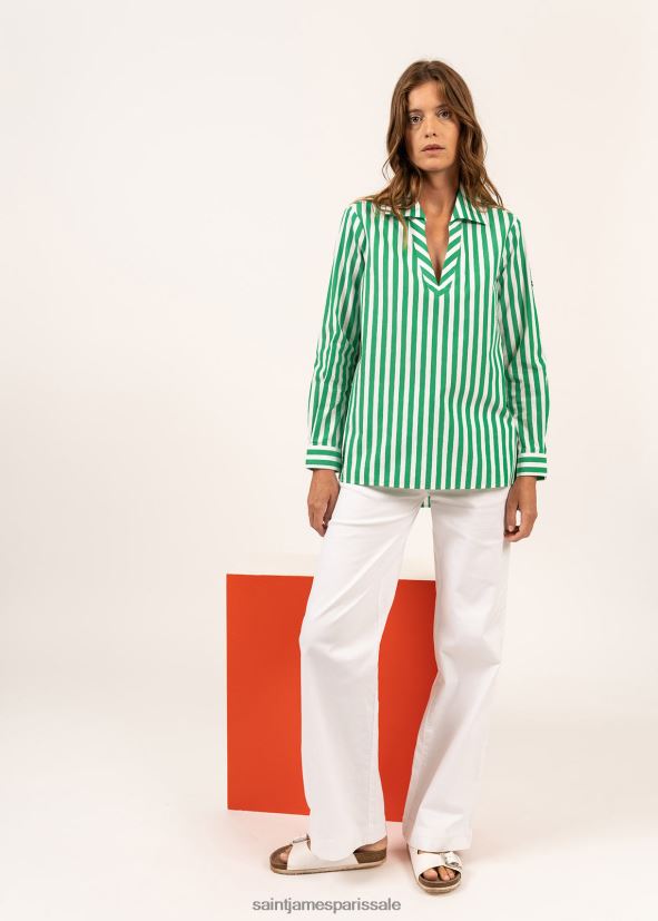 Saint James Emy blanc vert unisexe chemisier rayé à manches longues ZZ48R25