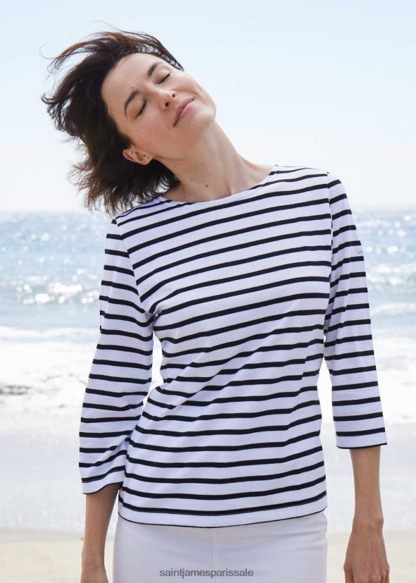 Saint James Galathée II blanc noir femmes marinière rayée avec manches coupe en coton doux ZZ48R251