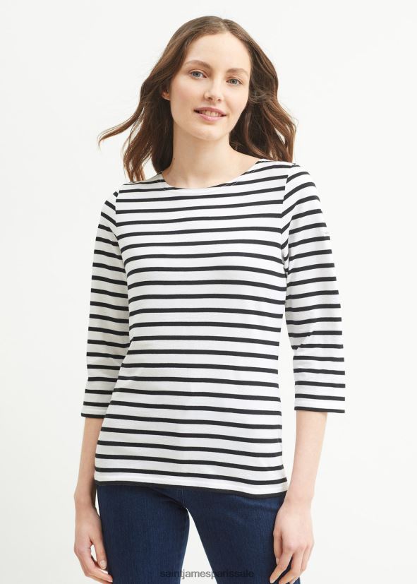 Saint James Galathée II blanc noir femmes marinière rayée avec manches coupe en coton doux ZZ48R251