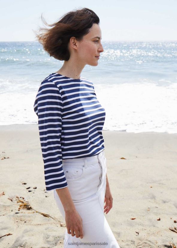 Saint James Galathée II bleu marine/blanc femmes marinière rayée avec manches coupe en coton doux ZZ48R252