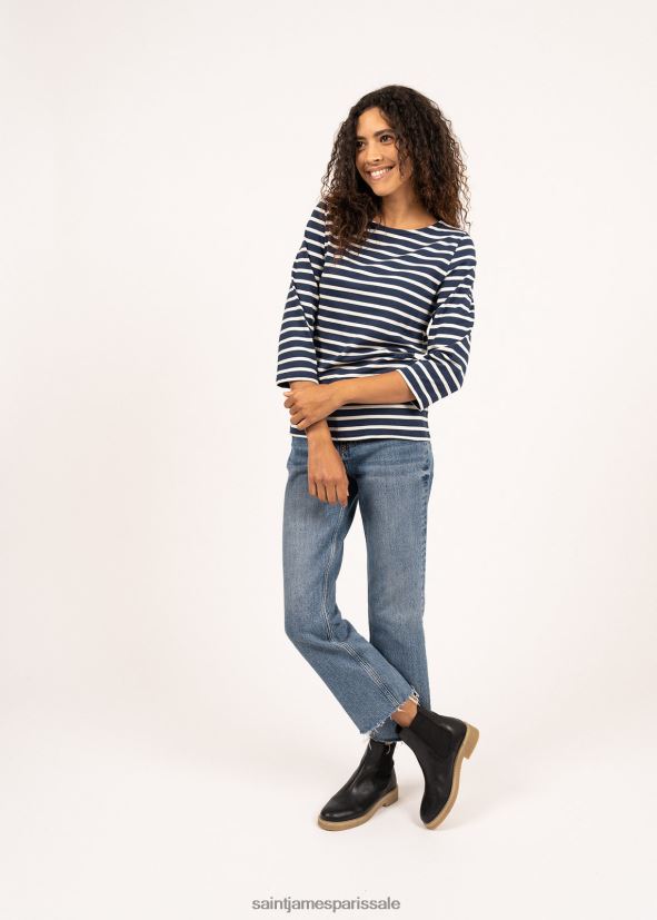 Saint James Galathée II bleu marine/écru femmes marinière rayée avec manches coupe en coton doux ZZ48R299
