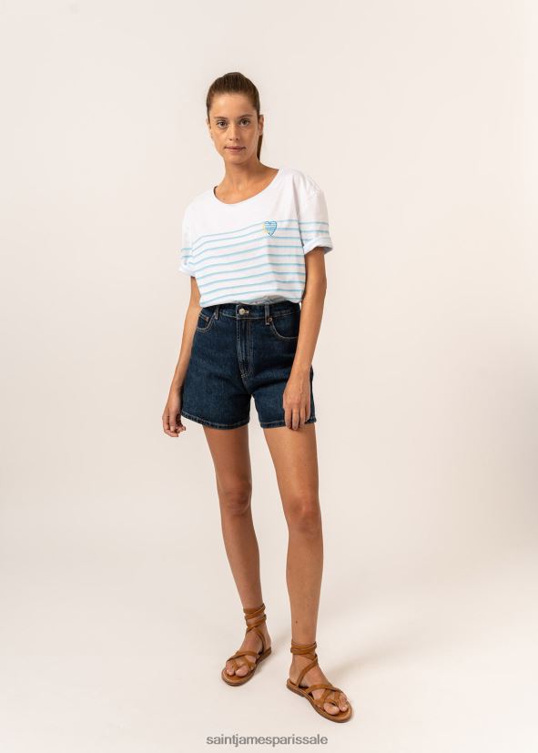 Saint James lara blanc/bleu clair unisexe t-shirt rayé avec broderie coeur 100% coton biologique ZZ48R2113