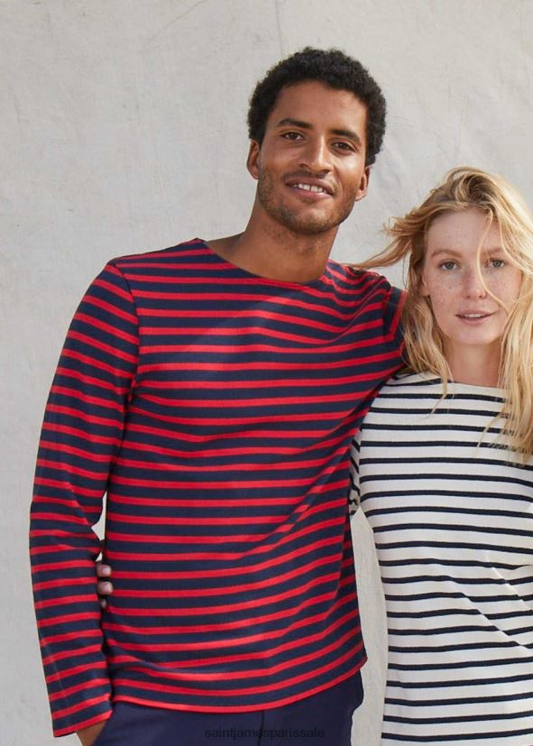Saint James méridien moderne bleu marine/rouge unisexe marinière originale en coton épais ZZ48R2161