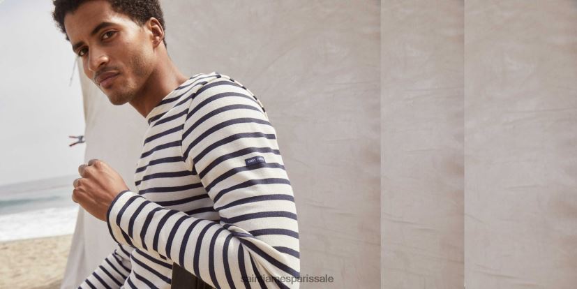 Saint James méridien moderne écru/marine unisexe marinière originale en coton épais ZZ48R28