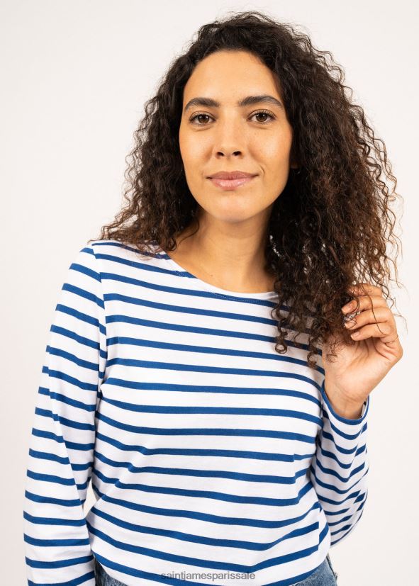 Saint James minquidame blanc/bleu roi femmes marinière à manches longues, coupe en coton doux ZZ48R222
