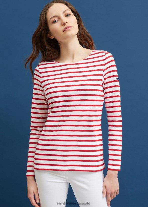 Saint James minquidame blanc rouge femmes marinière à manches longues, coupe en coton doux ZZ48R261