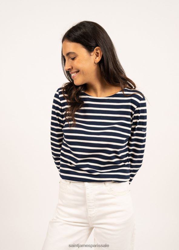 Saint James minquidame bleu marine/écru femmes marinière à manches longues, coupe en coton doux ZZ48R263