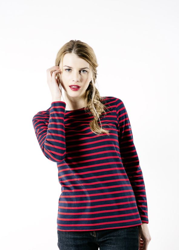 Saint James minquidame bleu marine/rouge femmes marinière à manches longues, coupe en coton doux ZZ48R210