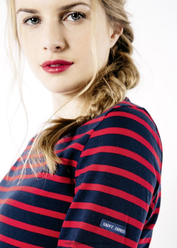 Saint James minquidame bleu marine/rouge femmes marinière à manches longues, coupe en coton doux ZZ48R210