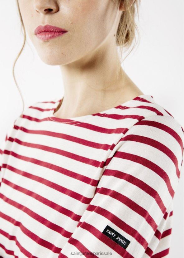 Saint James minquidame écru/marron femmes marinière à manches longues, coupe en coton doux ZZ48R231