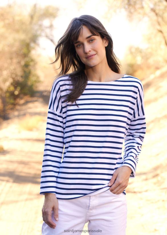 Saint James minquiers drop ii Navet blanc unisexe marinière à épaules tombantes en coton doux coupe droite ZZ48R240