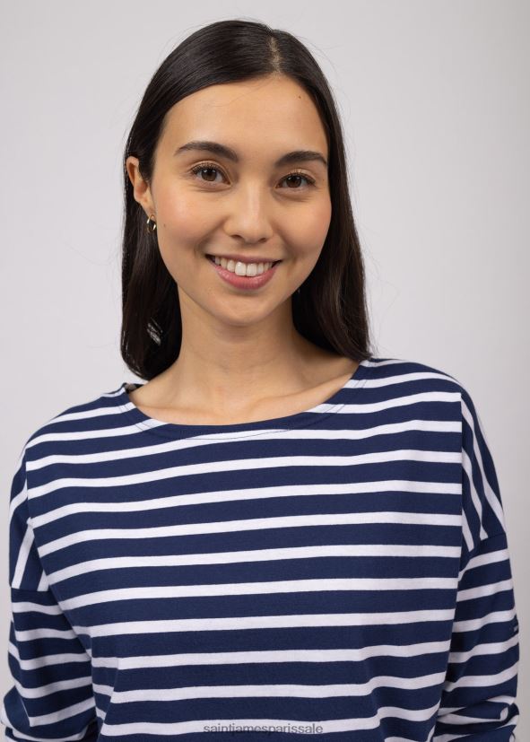 Saint James minquiers drop ii bleu marine/blanc unisexe marinière à épaules tombantes en coton doux coupe droite ZZ48R266