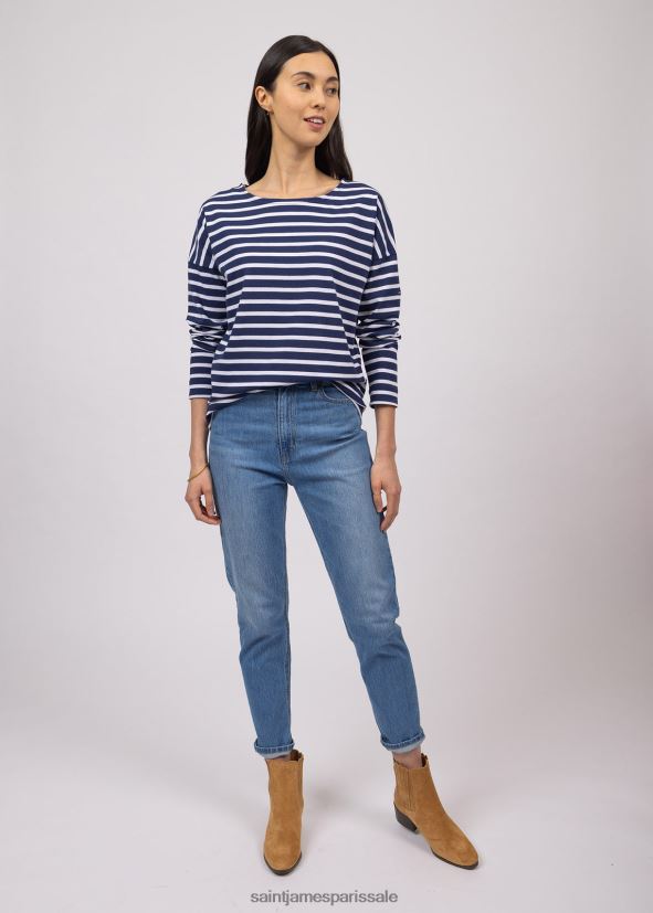 Saint James minquiers drop ii bleu marine/blanc unisexe marinière à épaules tombantes en coton doux coupe droite ZZ48R266