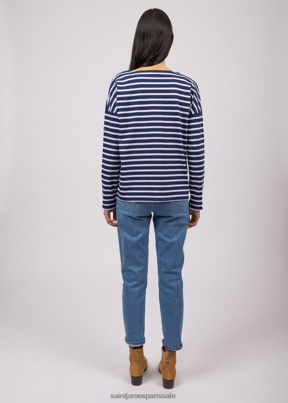 Saint James minquiers drop ii bleu marine/blanc unisexe marinière à épaules tombantes en coton doux coupe droite ZZ48R266