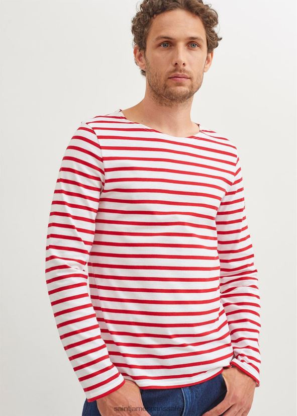 Saint James minquiers moderne blanc rouge Hommes authentique chemise à rayures bretonnes en coton doux ZZ48R272