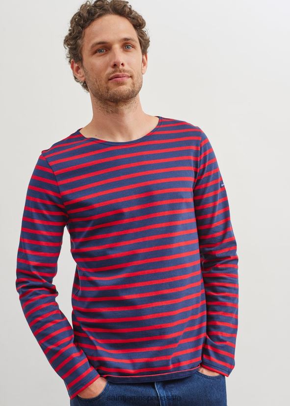 Saint James minquiers moderne bleu marine/rouge Hommes authentique chemise à rayures bretonnes en coton doux ZZ48R274