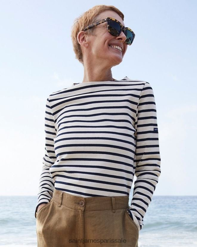 Saint James minquiers moderne écru/marine Hommes authentique chemise à rayures bretonnes en coton doux ZZ48R250