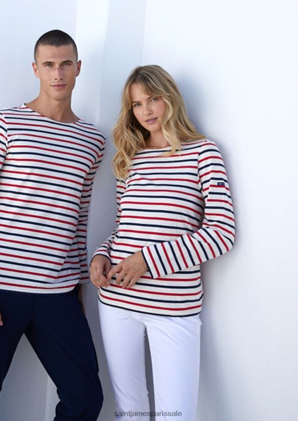 Saint James minquiers modernes écru/marine/rouge unisexe chemise à rayures tricolores en coton léger ZZ48R277