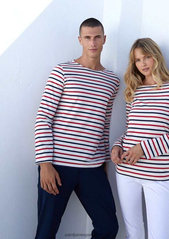 Saint James minquiers modernes écru/marine/rouge unisexe chemise à rayures tricolores en coton léger ZZ48R277