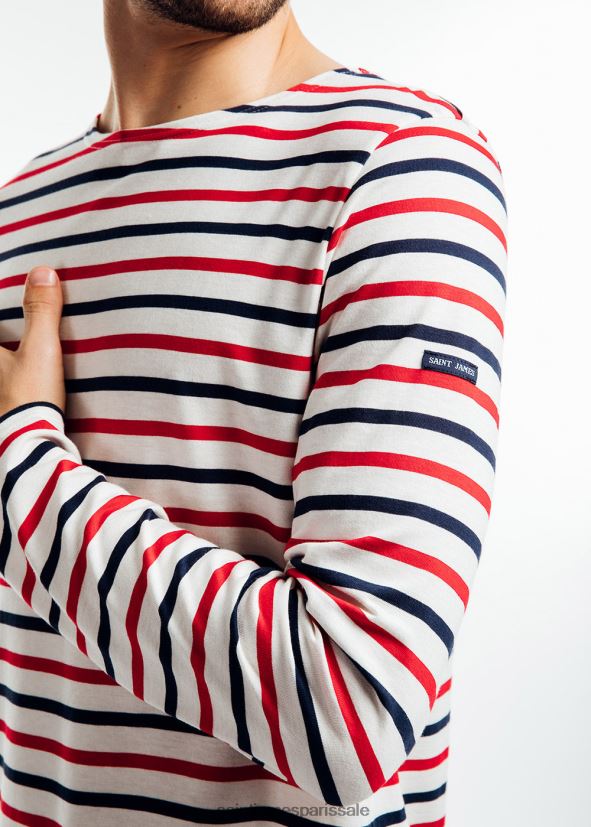 Saint James minquiers modernes écru/marine/rouge unisexe chemise à rayures tricolores en coton léger ZZ48R277