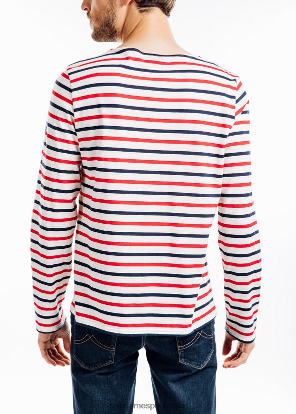 Saint James minquiers modernes écru/marine/rouge unisexe chemise à rayures tricolores en coton léger ZZ48R277