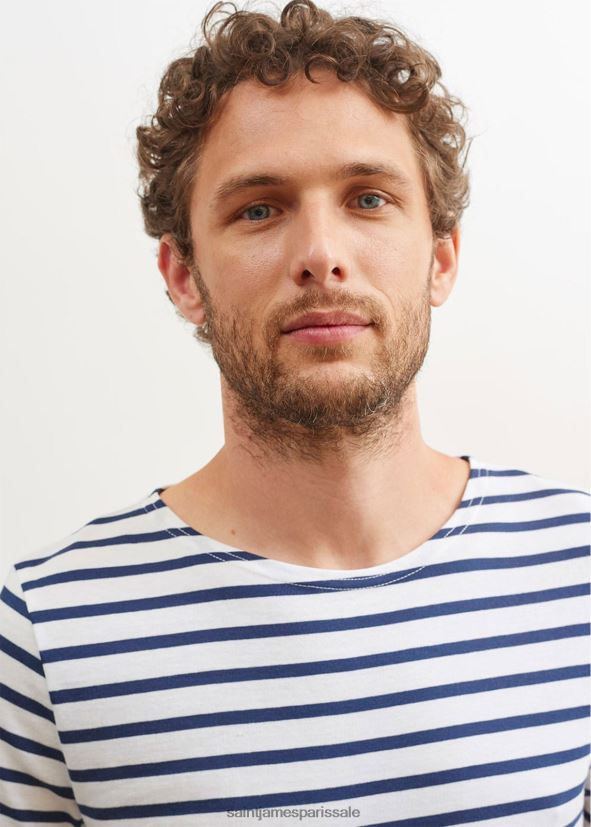 Saint James moderne Navet blanc unisexe chemise à manches courtes à rayures bretonnes en coton doux ZZ48R244