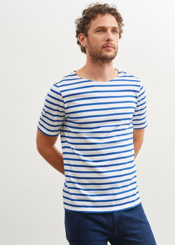 Saint James moderne blanc/bleu roi unisexe chemise à manches courtes à rayures bretonnes en coton doux ZZ48R243